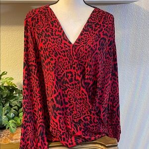 Red Leopard Print V-Neck Blouse